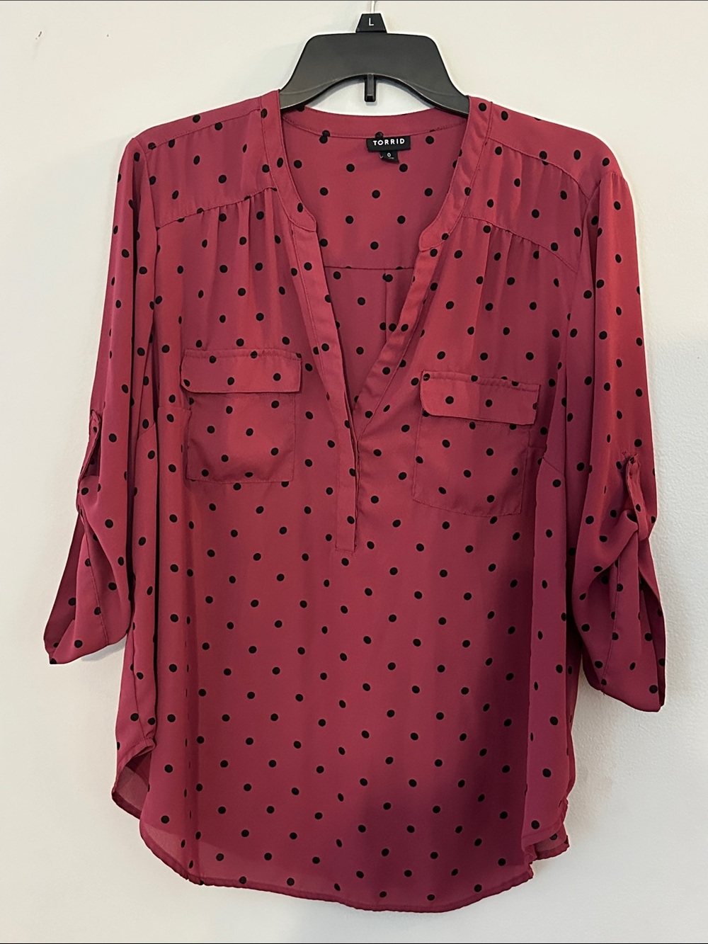 torrid size 0 Burgundy with Black Polka Dot Split-Neck Blouse